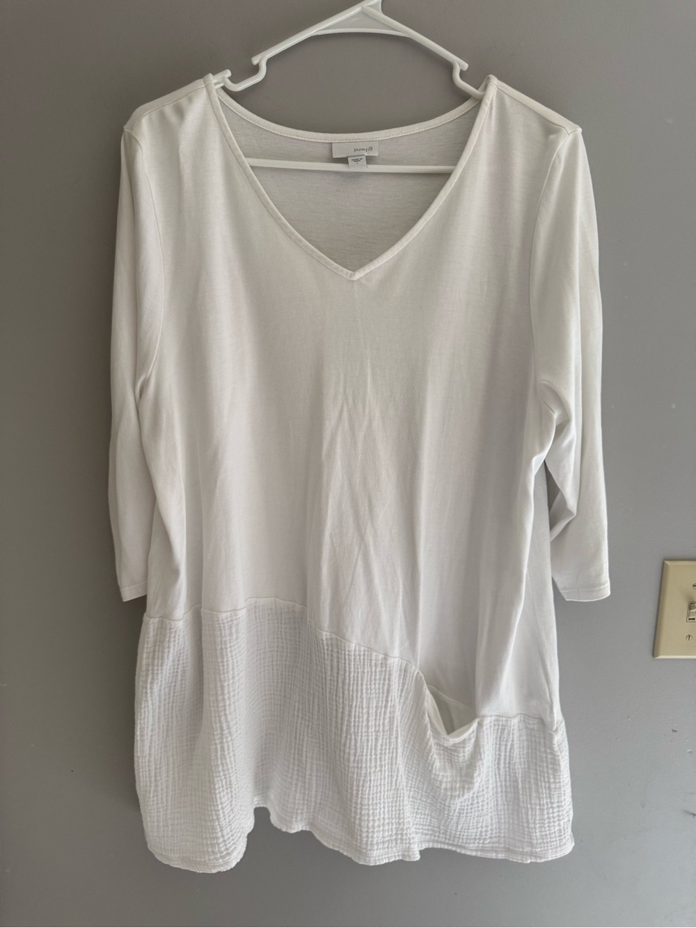 J Jill Pure Jill Womens White Jersey Gauze 3/4 Sleeve Tunic Top SZ L Cotton